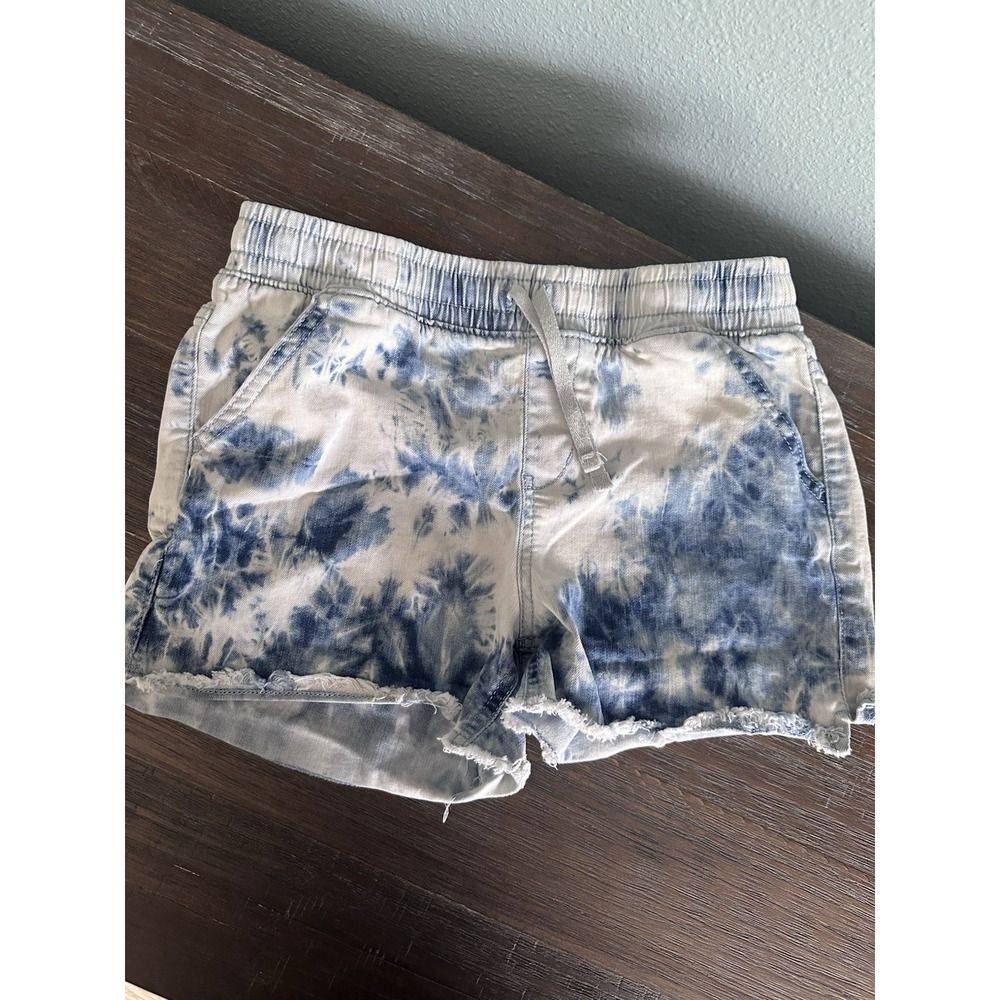 Cut & Jack Girls XL 14/16 Blue White Tie Dye Denim Shorts Frayed Hem Pull On